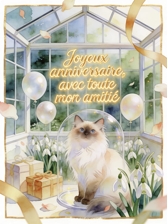 Chat turc angora parmi perce-neige, ballons nacrés et cadeaux, texte Joyeux anniversaire