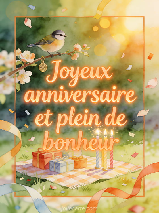 Lettrage lumineux avec oiseau roitelet sur branche fleurie, cadeaux et bougies de pique-nique, style aquarelle