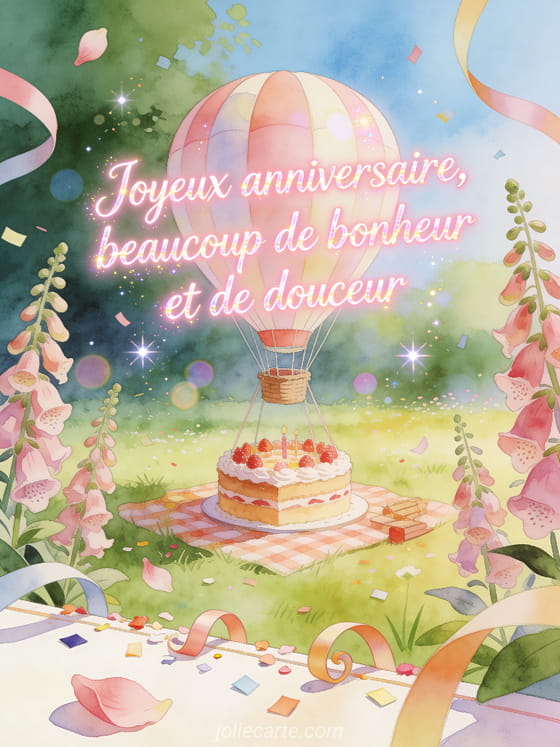 Illustration aquarelle d'une prairie avec montgolfière, gâteau de pique-nique et digitales
