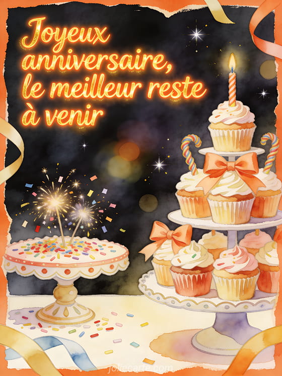 Illustration aquarelle d'une tour de cupcakes avec bougies, rubans et confettis sur un presentoir de fete.