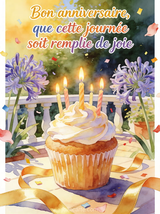 Grand cupcake glacé entouré d'agapanthes, bougies et rubans avec texte Bon anniversaire