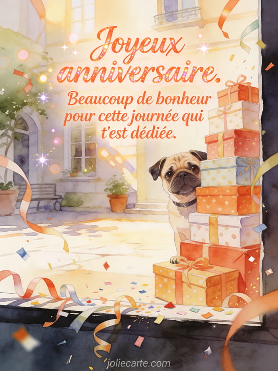 Lettrage lumineux avec chien carlin derrière une pile de cadeaux dans une cour ensoleillée, style aquarelle