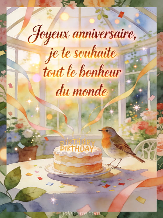 Illustration aquarelle d'un oiseau grive musicienne pres d'un gateau d'anniversaire dans une verriere avec rubans.