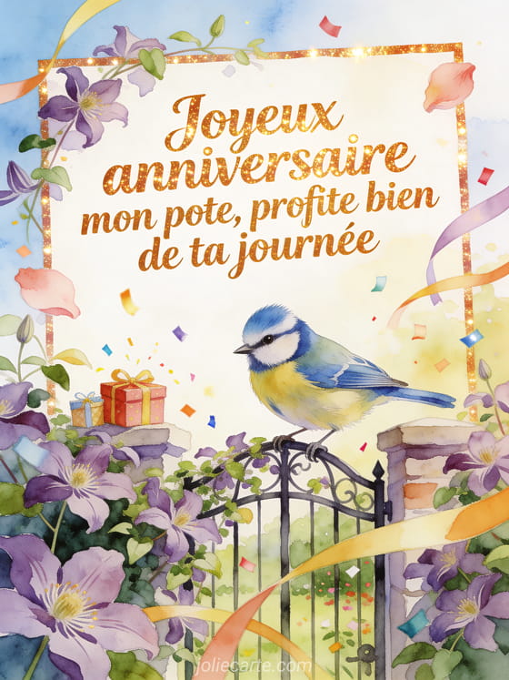 Oiseau mésange bleue sur un portail couvert de clématites et cadeaux, texte Joyeux anniversaire mon pote