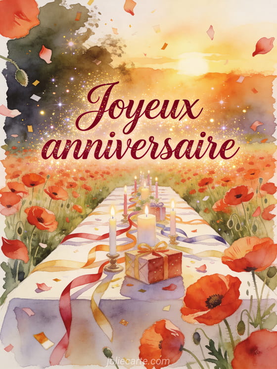 Lettrage lumineux avec champ de coquelicots autour d'une table d'anniversaire et de bougies, style aquarelle