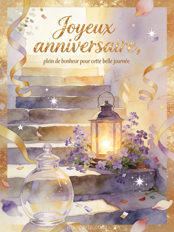 Lanterne lumineuse dans de l'aubriète sur des marches avec rubans, texte Joyeux anniversaire