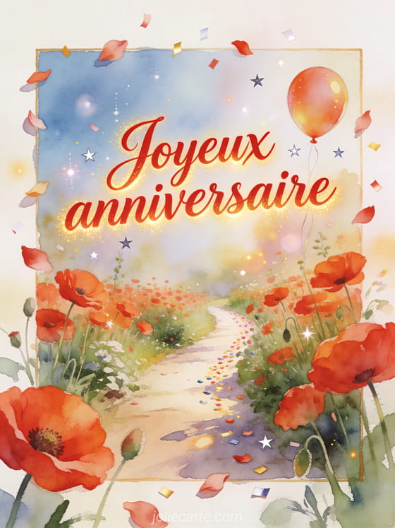 Illustration aquarelle d'un champ de coquelicots avec ballon de fete et petites etoiles sur un chemin de jardin.