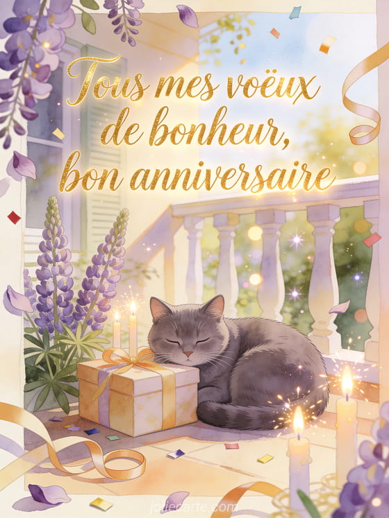 Illustration aquarelle d'une véranda avec chat chartreux, cadeau, bougies et lupins autour d'un message