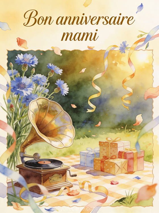 Gramophone en laiton près de bleuets et cadeaux, texte Bon anniversaire mami
