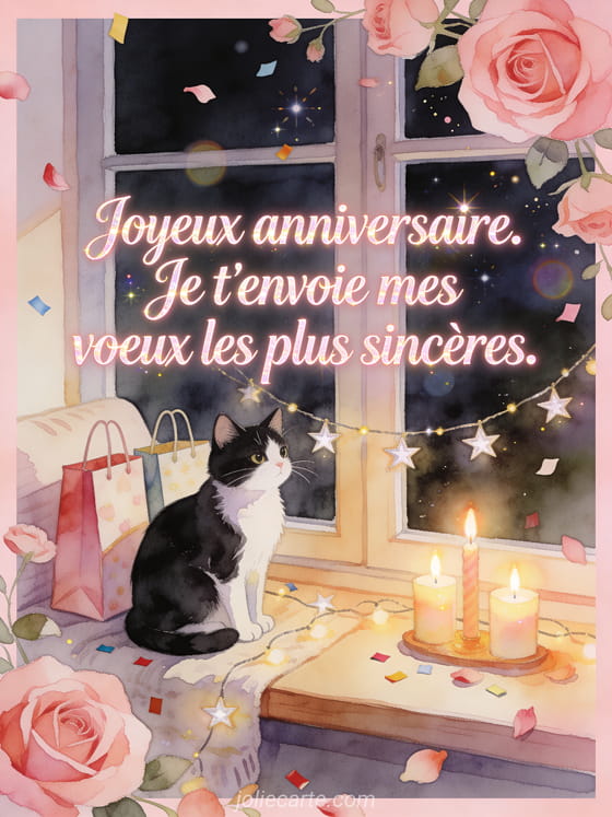 Lettrage lumineux avec chat noir et blanc, sacs cadeaux et bougies sur une banquette, style aquarelle