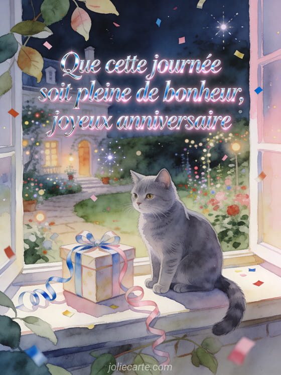 Illustration aquarelle d'un chat bleu russe pres d'un cadeau rubane sur un rebord de fenetre devant un jardin festif.