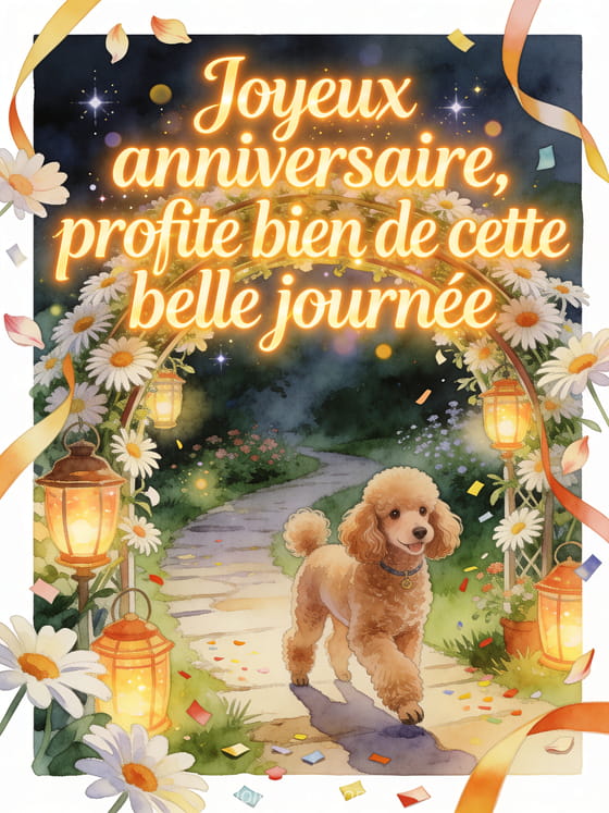Illustration aquarelle d'un chemin de jardin avec chien caniche sous des asters et lanternes