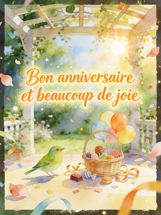 Lettrage lumineux avec oiseau verdier au-dessus d'un panier de ballons et douceurs, style aquarelle