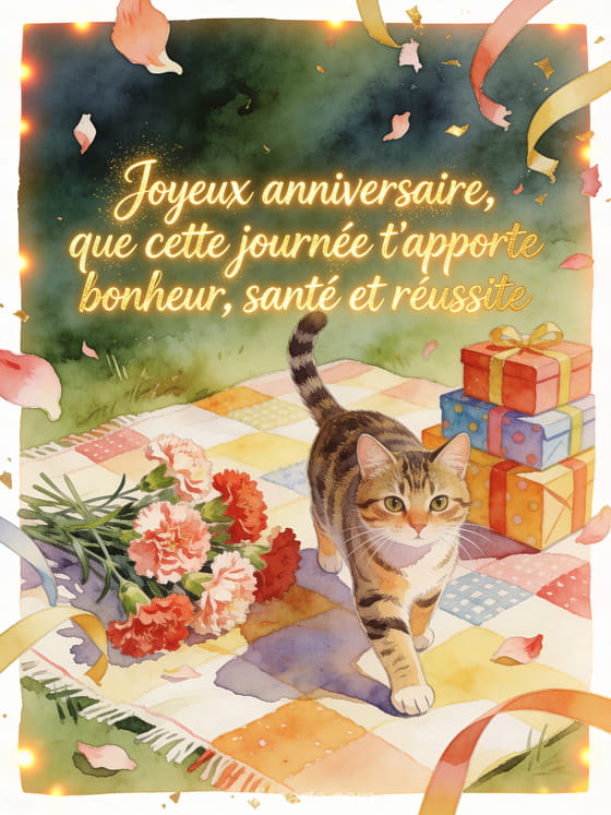 Chat tigré sur une couverture de pique-nique près d'oeillets et cadeaux, texte Joyeux anniversaire