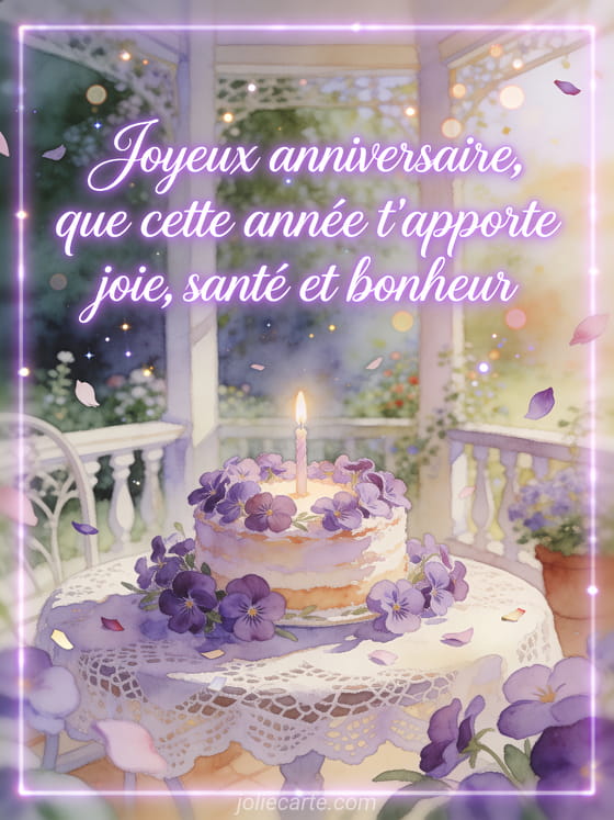 Illustration aquarelle de violettes autour d'un gateau d'anniversaire sur une table en dentelle dans une veranda.