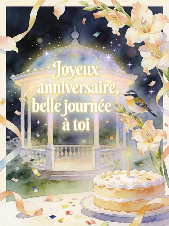 Illustration aquarelle d'un kiosque avec oiseau fauvette, glaïeuls et gâteau d'anniversaire