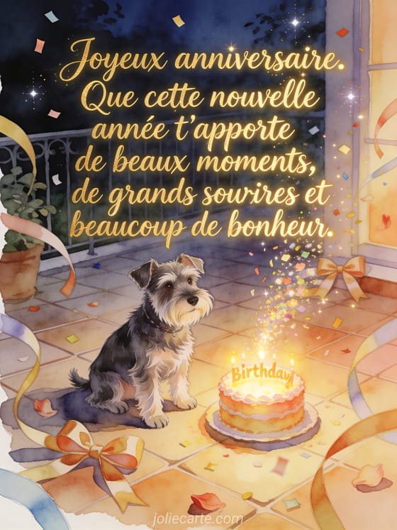 Lettrage lumineux avec chien schnauzer nain, gâteau d'anniversaire et rubans sur patio, style aquarelle