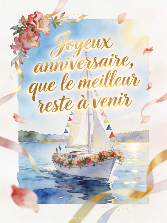 Voilier blanc orné de rhododendrons sur un lac avec fanions, texte Joyeux anniversaire