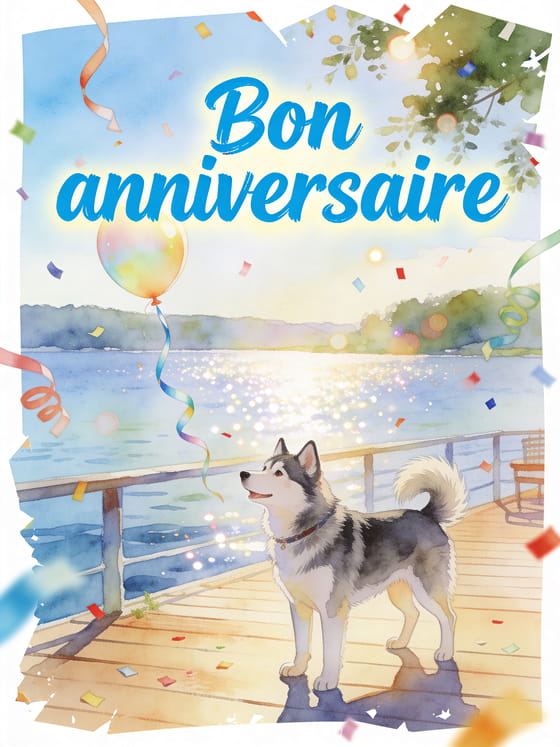 Illustration aquarelle d'un chien husky sur un ponton au bord d'un lac avec ruban de ballon et confettis.