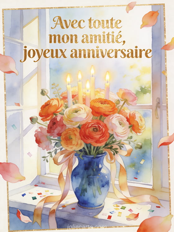 Bouquet de renoncules dans un vase bleu avec bougies et rubans, texte Avec toute mon amitié