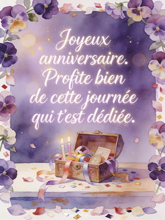 Lettrage lumineux avec pensées autour d'un coffret ouvert rempli de rubans et bougies, style aquarelle