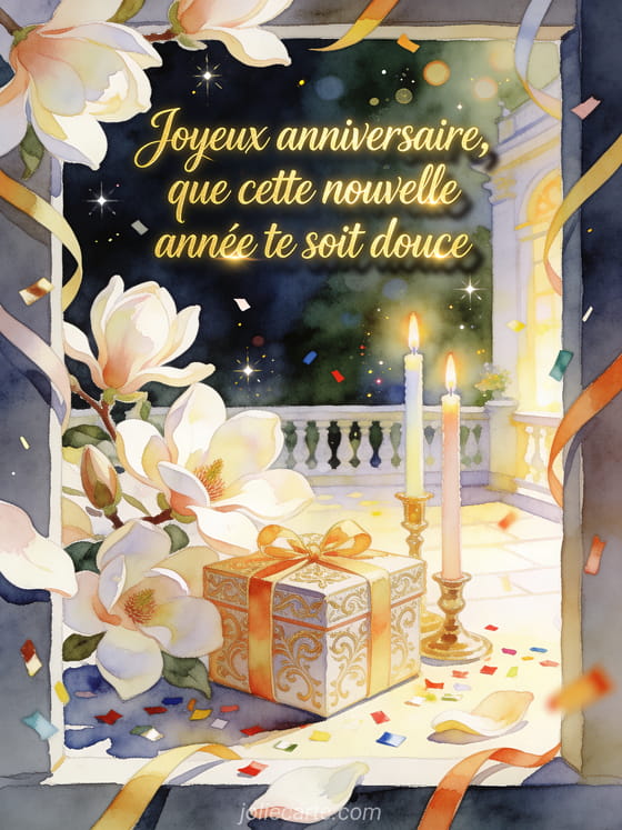Illustration aquarelle d'une cour lumineuse avec cadeau orné, magnolias et bougies d'anniversaire