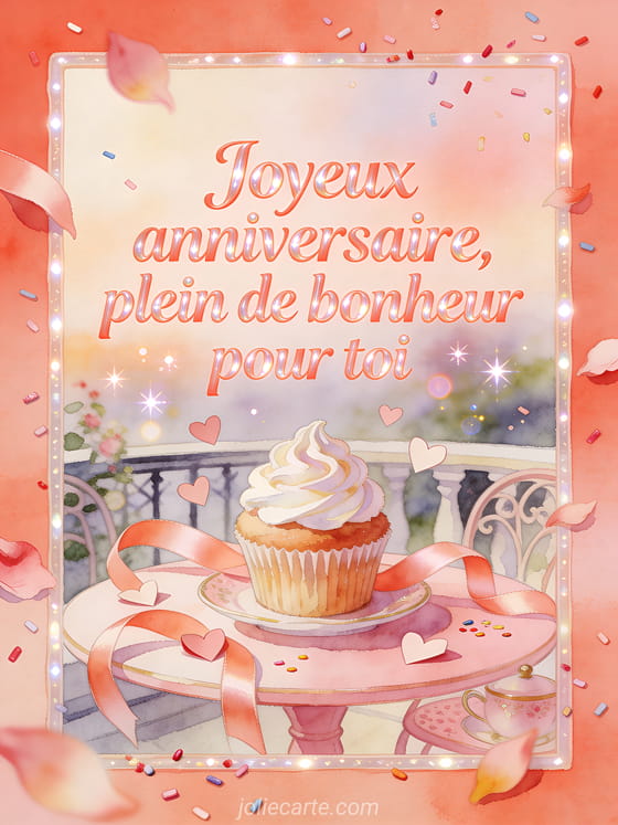 Illustration aquarelle d'un cupcake glace avec rubans de satin et petits coeurs sur une table a the.