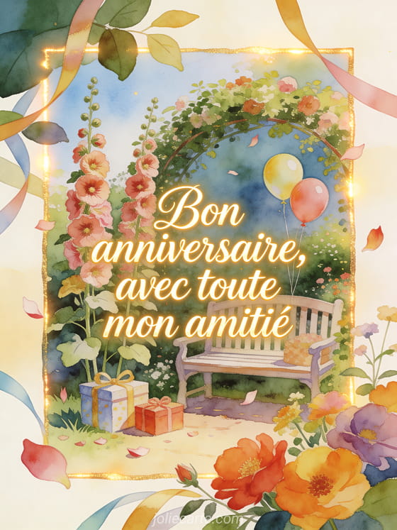 Roses trémières au-dessus d'un banc de jardin avec ballons et cadeaux, texte Bon anniversaire