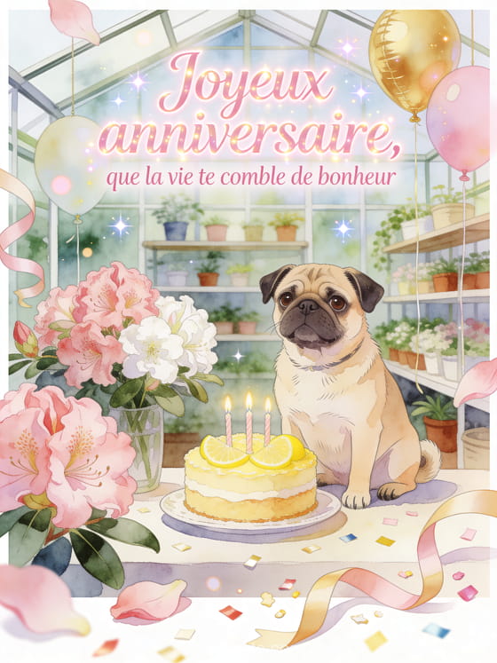 Illustration aquarelle d'une serre festive avec chien carlin, gâteau au citron et rhododendrons