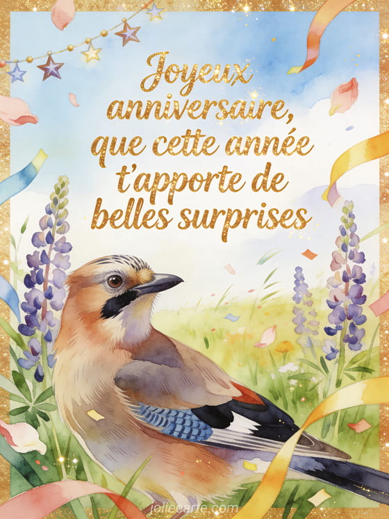 Geai des chênes parmi des lupins et rubans d'anniversaire dans une prairie, texte Joyeux anniversaire