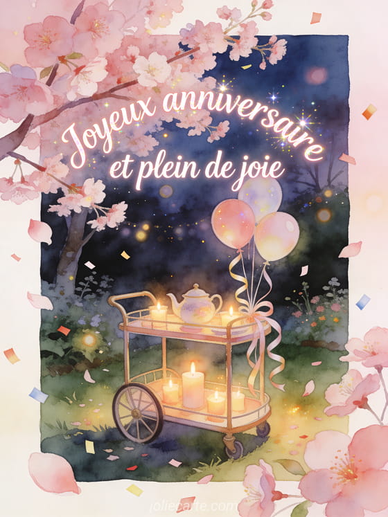 Lettrage lumineux sous des fleurs de cerisier avec chariot à thé, ballons et bougies, style aquarelle