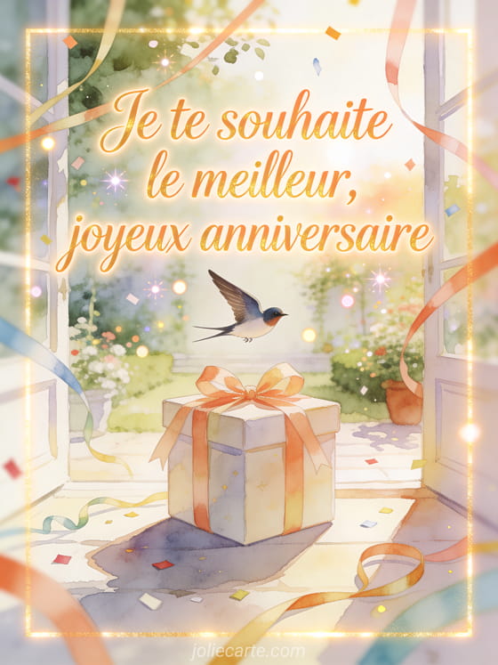 Illustration aquarelle d'une oiseau hirondelle au-dessus d'un cadeau rubane dans une cour festive.