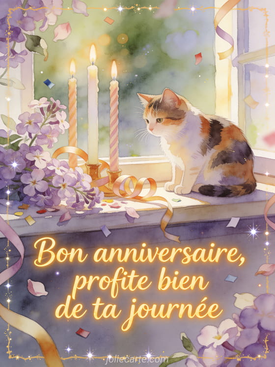 Illustration aquarelle d'un rebord de fenêtre avec chat tricolore, hautes bougies et phlox