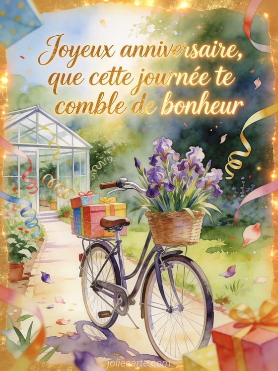 Vélo vintage avec panier d'iris, cadeaux et rubans près d'une serre, texte Joyeux anniversaire