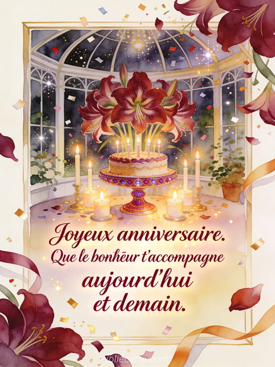 Lettrage lumineux avec amaryllis, présentoir à gâteau, bougies et confettis, style aquarelle