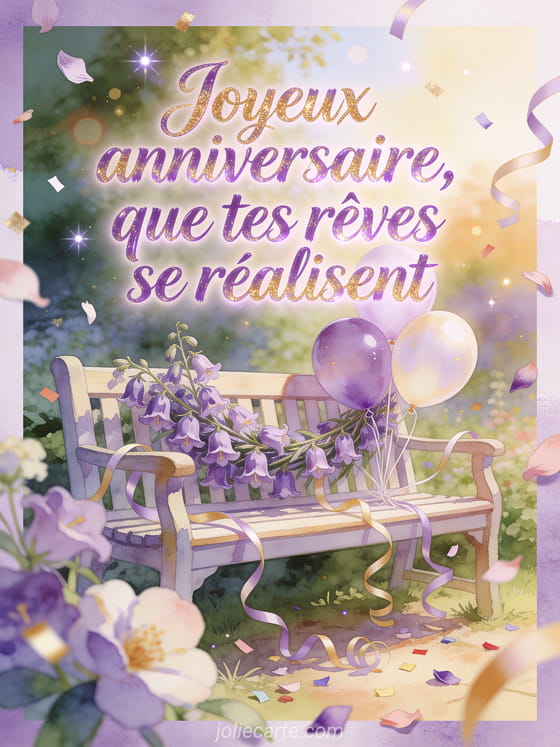 Illustration aquarelle de campanules autour de ballons d'anniversaire et de rubans sur un banc de jardin.