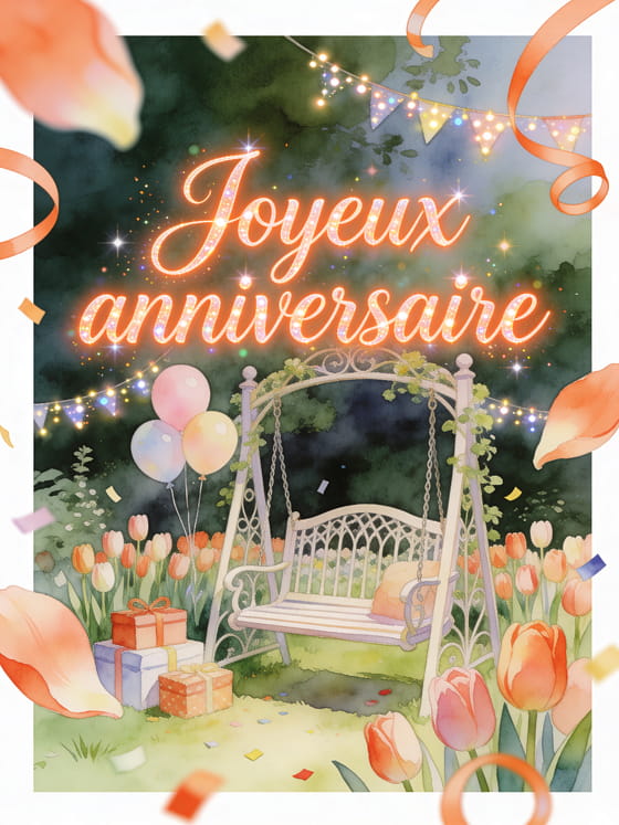 Illustration aquarelle d'une balançoire de jardin entourée de tulipes, cadeaux et ballons