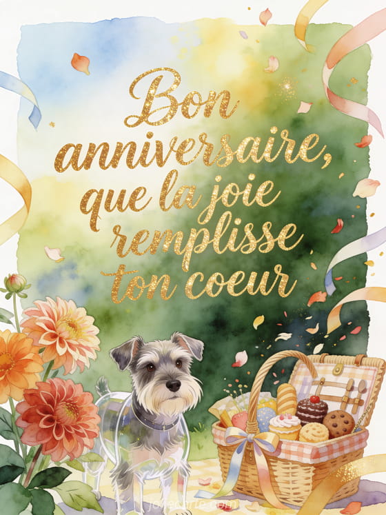 Chien schnauzer nain près de dahlias et d'un panier de pique-nique, texte Bon anniversaire
