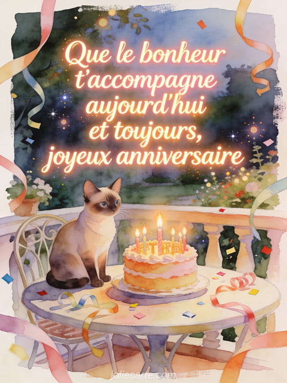 Illustration aquarelle d'un chat exotic shorthair pres d'un gateau d'anniversaire sur une table de terrasse.