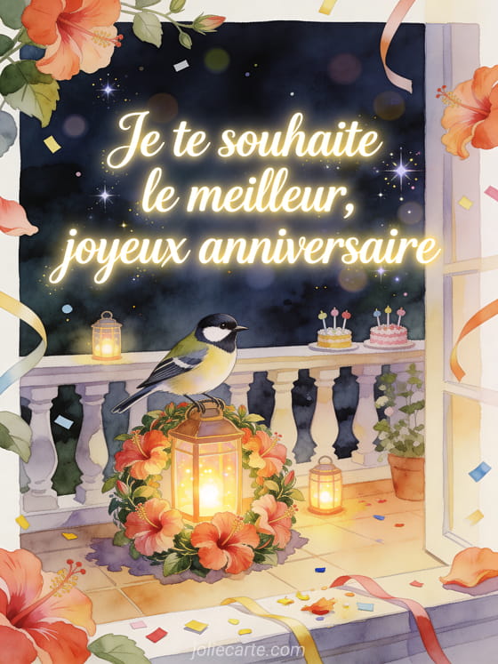 Illustration aquarelle d'une terrasse avec oiseau mésange charbonnière, hibiscus et lanternes