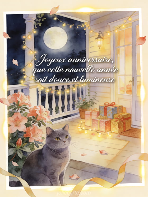 Chat chartreux près d'azalées, guirlandes et cadeaux sur une véranda, texte Joyeux anniversaire