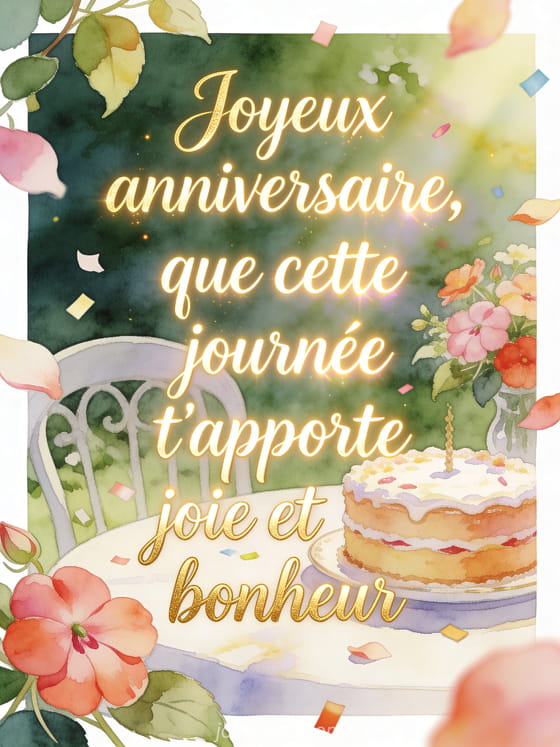 Table de jardin pour le thé avec gâteau glacé, impatiens, pétales et confettis, texte Joyeux anniversaire