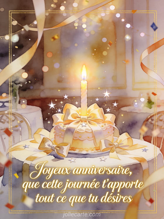 Illustration aquarelle d'une bougie d'anniversaire entouree de rubans de satin et d'etoiles sur une table dessert.