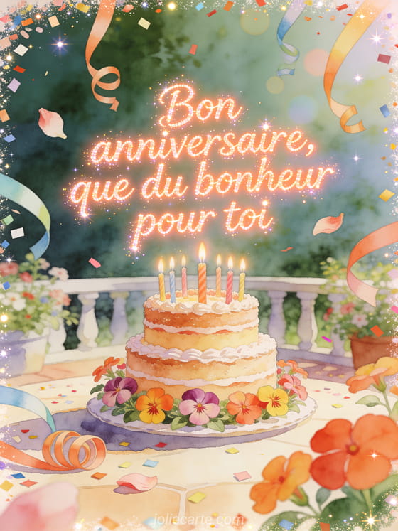 Illustration aquarelle d'un patio avec impatiens, grand gâteau à étages et bougies d'anniversaire