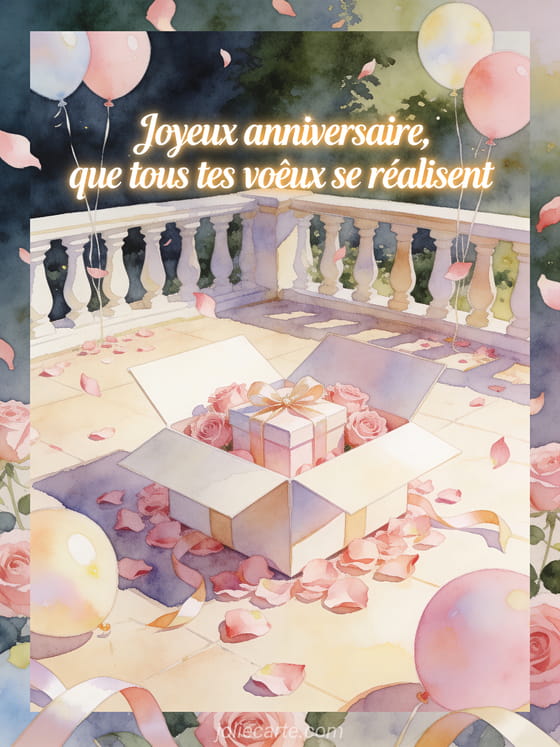 Terrasse d'anniversaire avec cadeau ouvert, pétales de rose et ballons pastel, texte Joyeux anniversaire, que tes voeux se réalisent