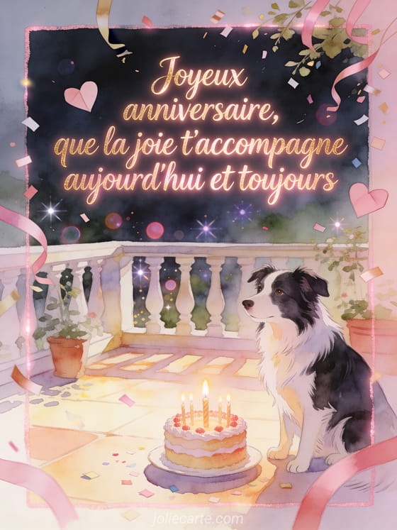 Illustration aquarelle d'un chien border collie pres d'un gateau d'anniversaire avec petits coeurs sur une terrasse.