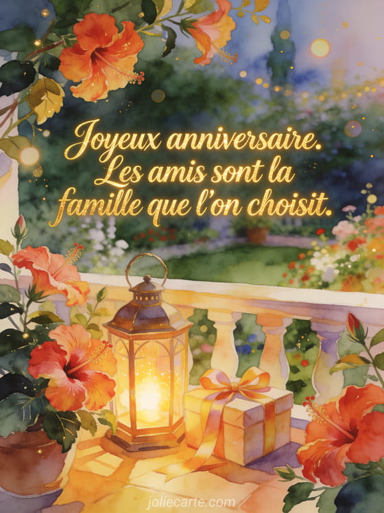 Illustration aquarelle d'une lanterne et d'un cadeau parmi des hibiscus avec le texte Joyeux anniversaire