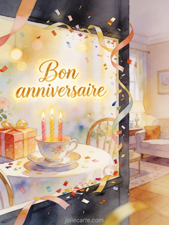 Illustration aquarelle d'une tasse de the avec cadeaux et bougies, texte Bon anniversaire