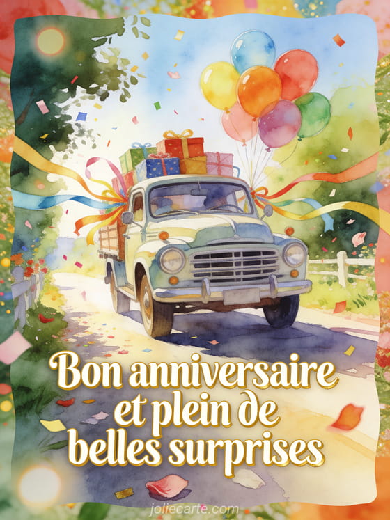 Illustration aquarelle d'un camion vintage charge de cadeaux et ballons, texte Bon anniversaire et plein de belles surprises