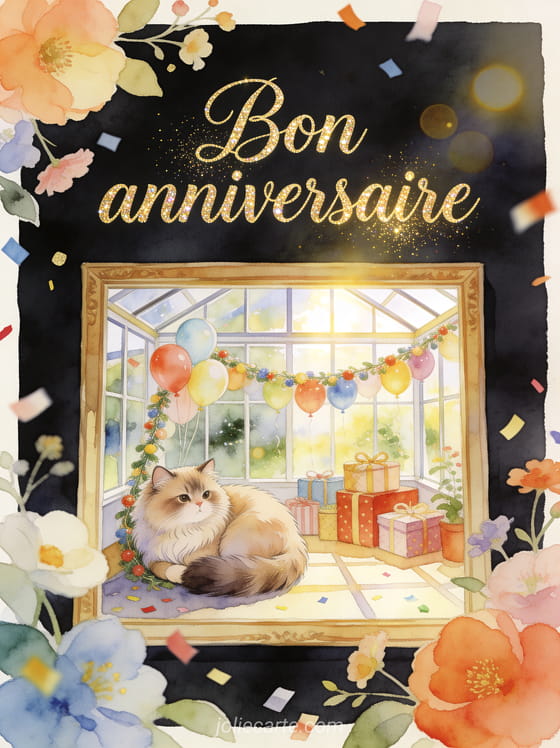 Illustration aquarelle d'un chat persan près de ballons et de cadeaux, texte Bon anniversaire